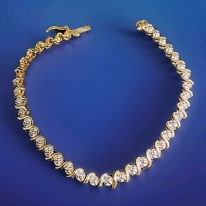 Vintage Gold Over 925 Silver Cubic Zirconia "S" Link Tennis Bracelet 7"